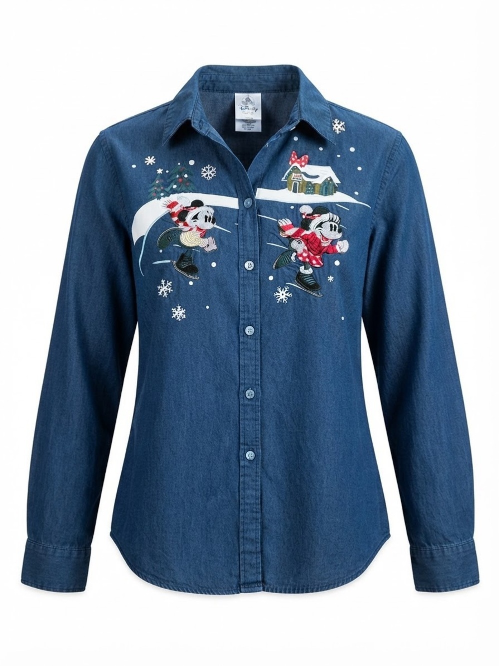 Disney Blue Denim Holiday Shirt with Skiing Minnie & Mickey Embroidery XL